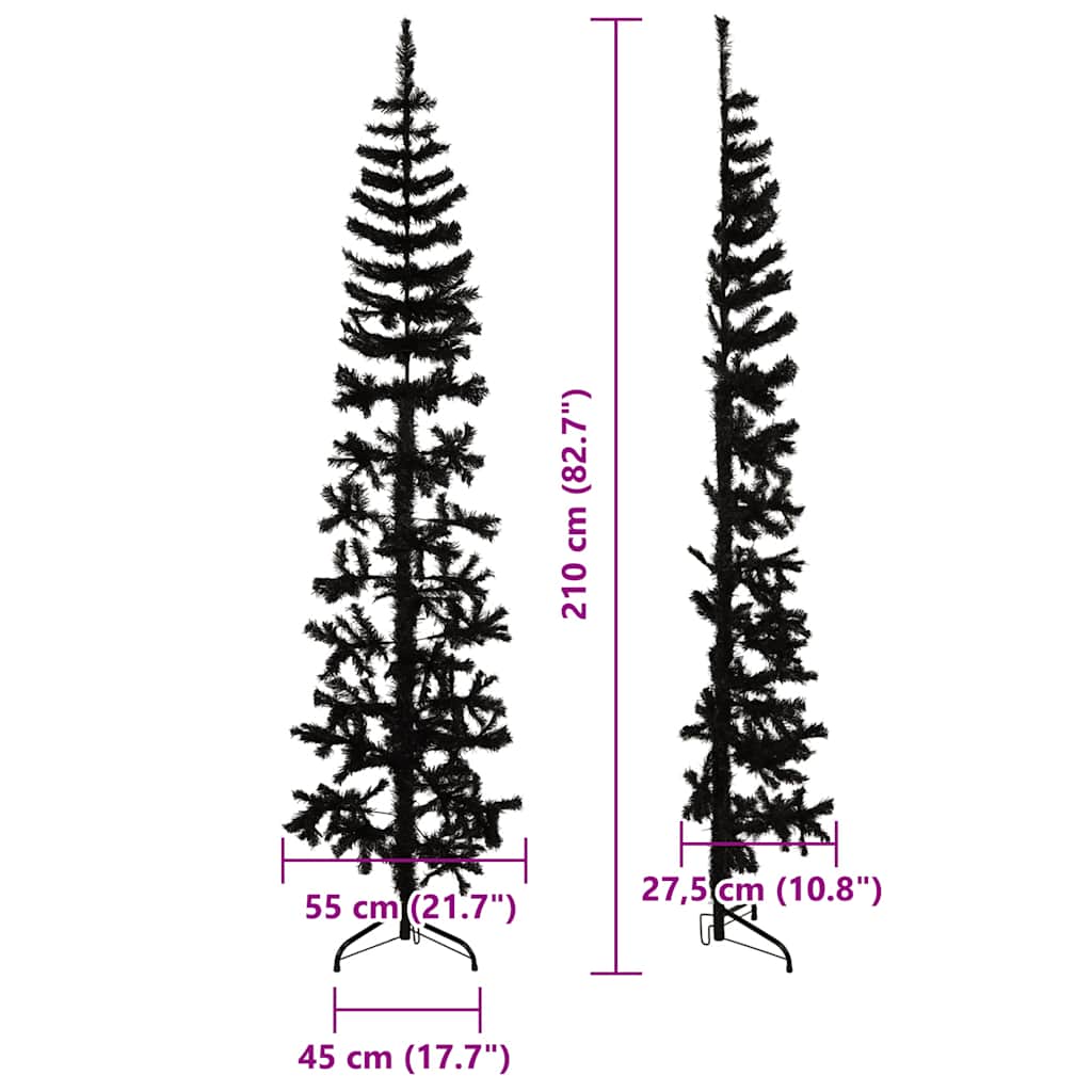 Demi sapin de Noël artificiel mince avec support Noir 210 cm