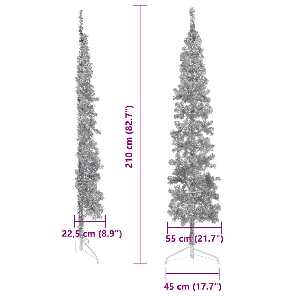 Demi sapin de Noël artificiel mince avec support Argenté 210 cm