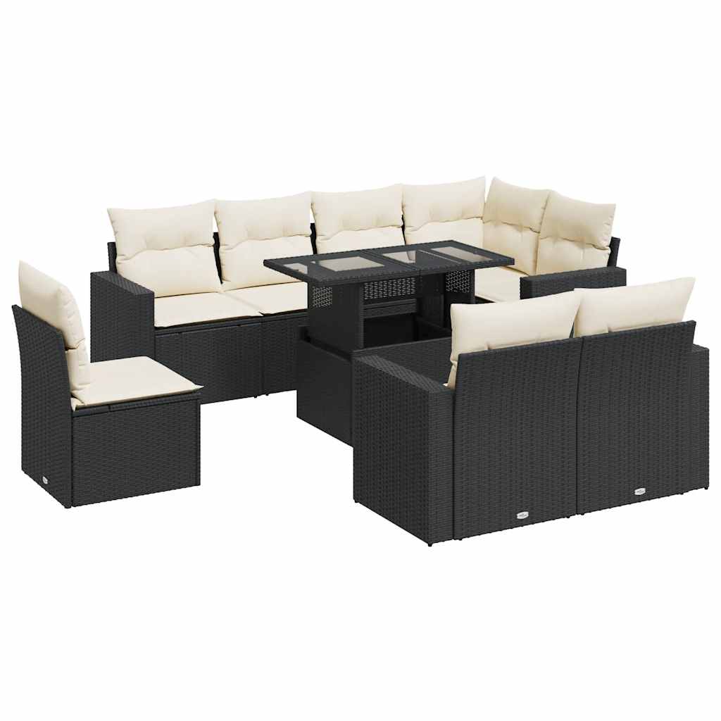 Salon de jardin 9 pcs avec coussins noir résine tressée