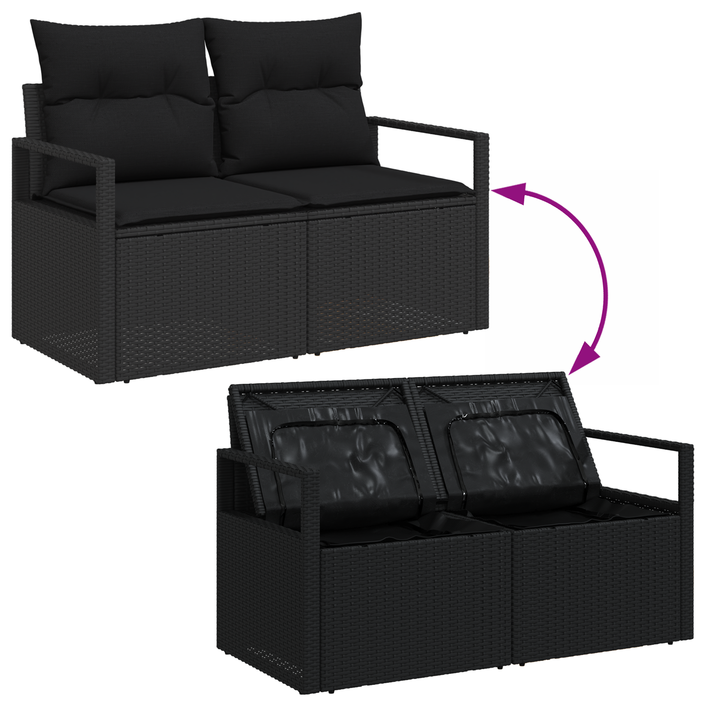 Canapé de jardin 6 pièces avec coussins en Rotin Poly Noir