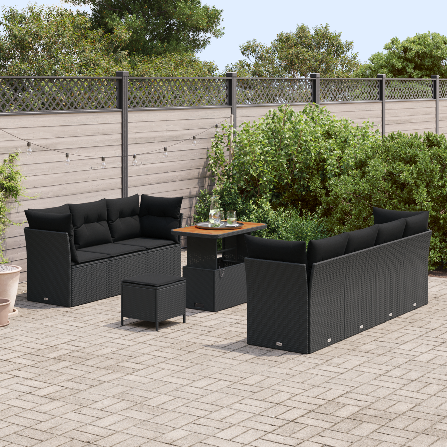 Canapé de jardin 10 pièces avec coussins Noir Polyrotin Acacia