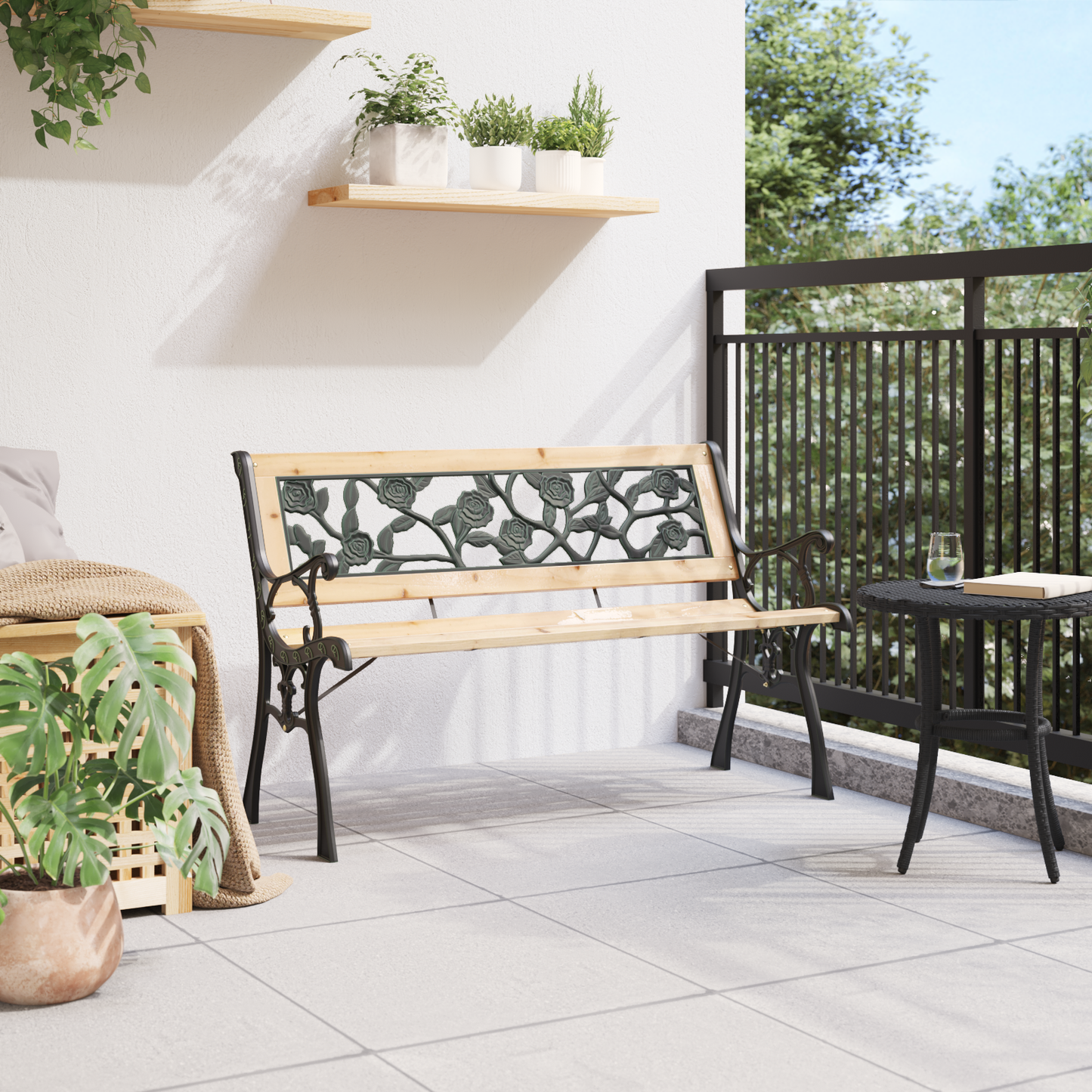 Banc de jardin vidaXL avec dossier à motif de roses 116 cm en bois