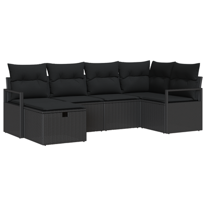 Canapé de jardin 6 pièces avec coussins en Rotin Poly Noir
