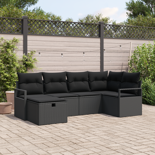 Canapé de jardin 6 pièces avec coussins en Rotin Poly Noir