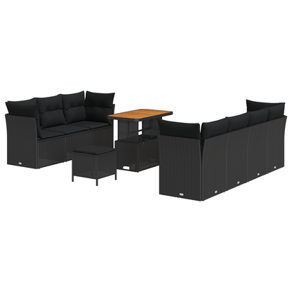 Canapé de jardin 10 pièces avec coussins Noir Polyrotin Acacia