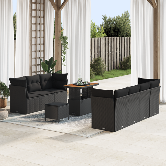 Canapé de jardin 10 pièces avec coussins Noir Polyrotin Acacia